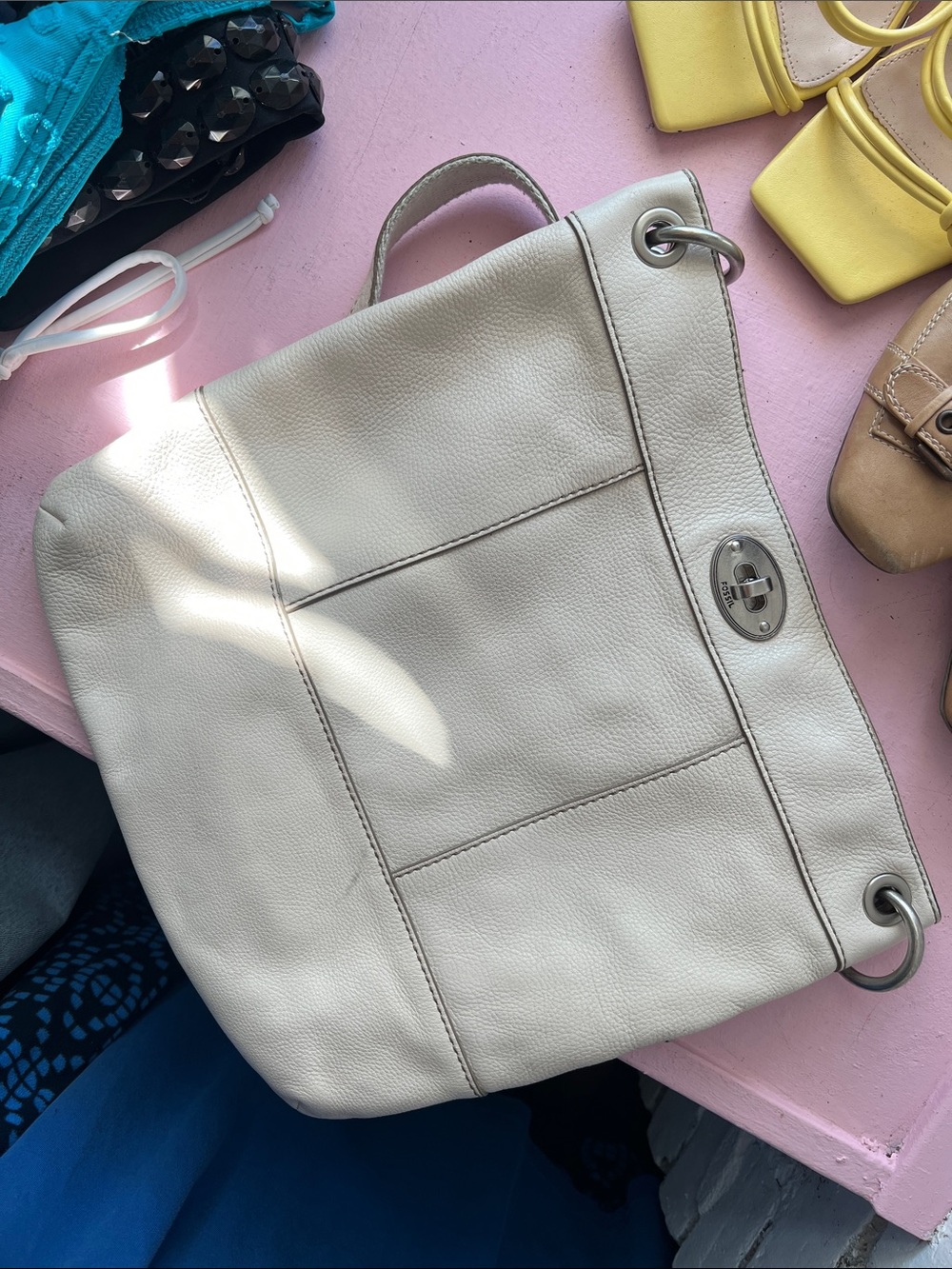 Women's Neutral Leather Shoulder Bag - Beige silver hardware - Picture 4 of 16